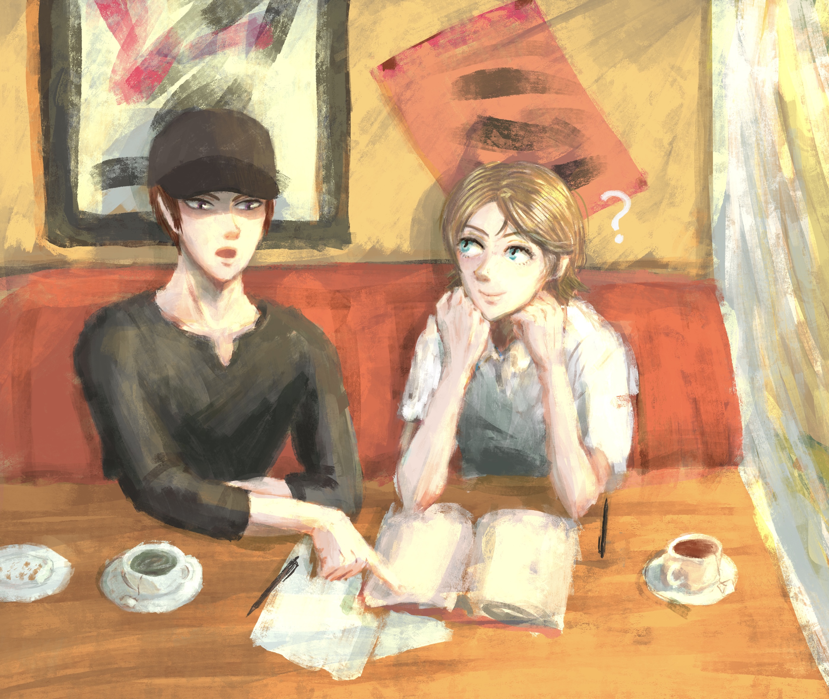 Two boys studying in a diner - digital art