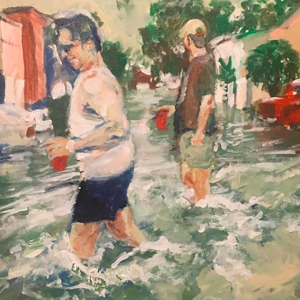 Two men walking through floodwaters with red cups - painting