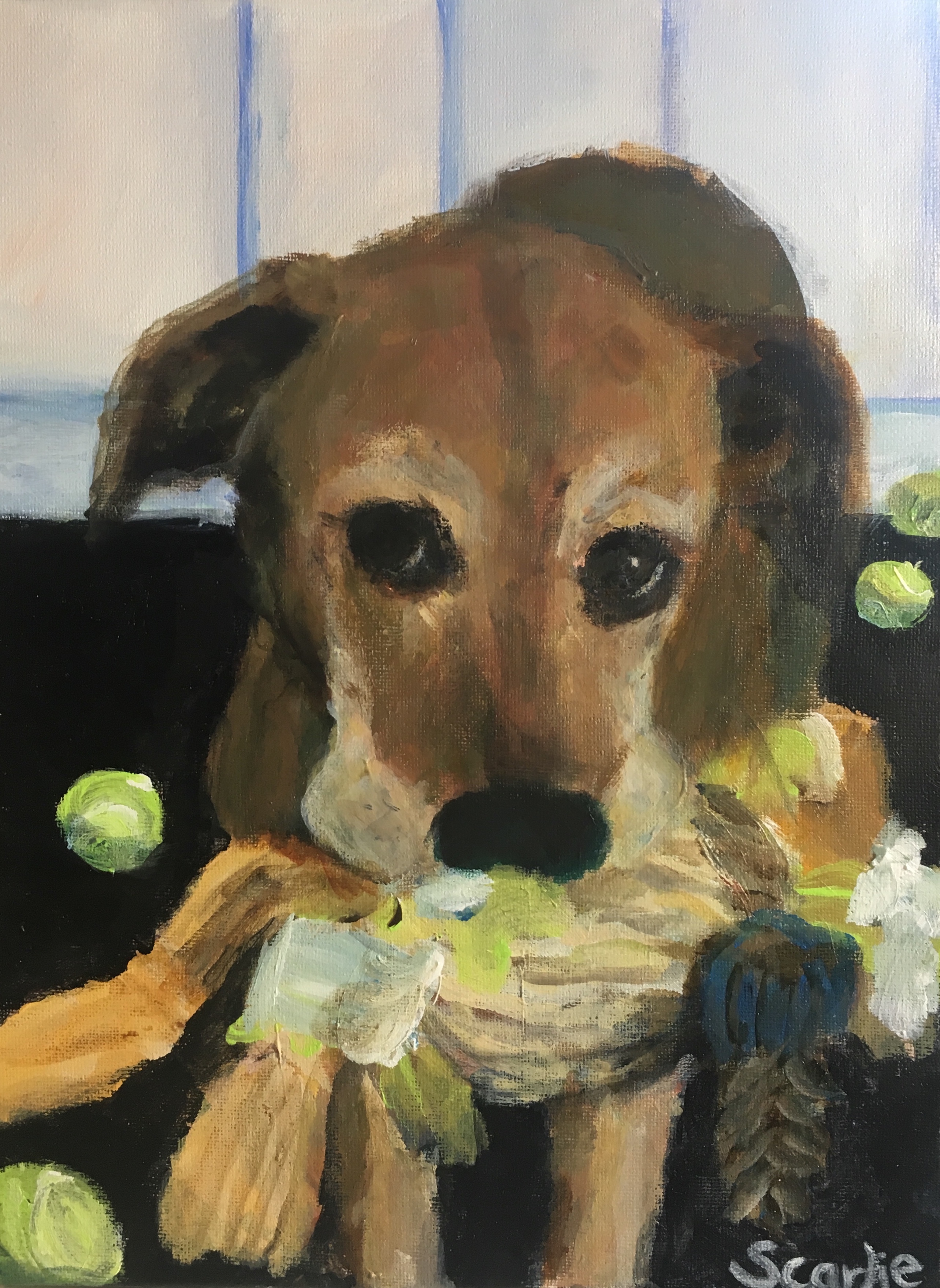 dog holding a toy - painting